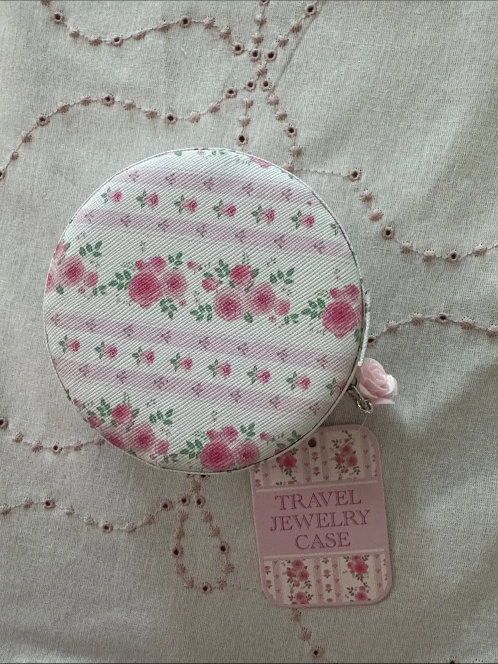 LoveShackFancy Round Floral Travel Jewelry Case in Pink and Green